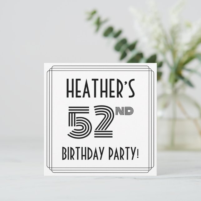 Art Deco Inspired 52nd Birthday Party, Custom Name Invitation (Standing Front)