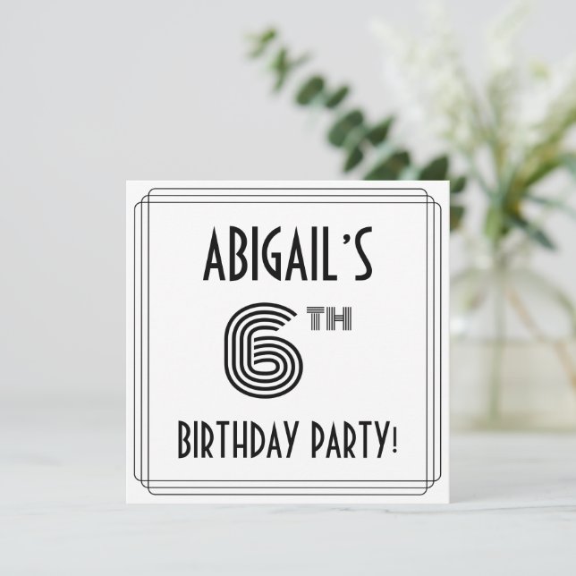Art Deco Inspired 6th Birthday Party, Custom Name Invitation (Standing Front)