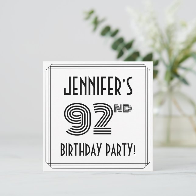 Art Deco Inspired 92nd Birthday Party, Custom Name Invitation (Standing Front)
