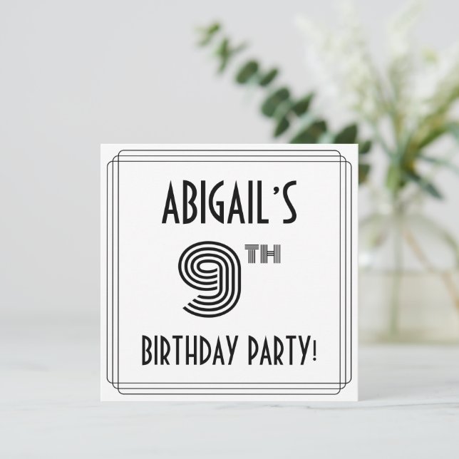 Art Deco Inspired 9th Birthday Party, Custom Name Invitation (Standing Front)