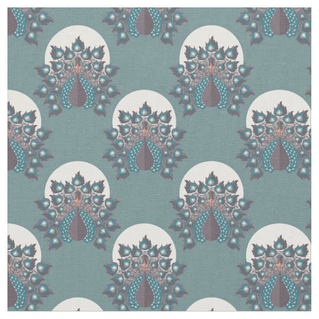 Art Deco Inspired Peacock Pattern - Blue Backgroun Fabric (Close Up)