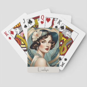 Art Deco Inspired Retro Lady Portrait Personalized Playing Cards