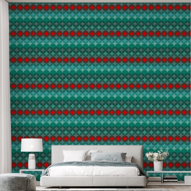 art deco inspired teal & red abstract wallpaper (Bedroom)