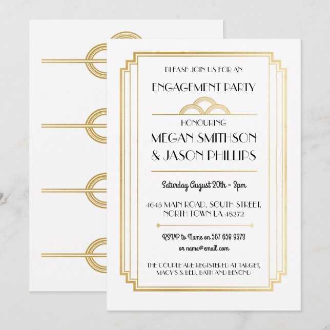 Art Déco Invitations de parties d'engagement Gold (Devant / Derrière)