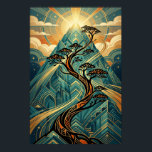 Art Deco Japanese Bonsai Mountain Gold Teal Poster<br><div class="desc">Experience the serene beauty of nature through a lens of 1920s luxury. This stunning illustration features a graceful, winding Bonsai tree silhouette with stylized pine clouds, set against a majestic geometric mountain peak. Bathed in a radiant golden sunburst with flowing teal and orange light trails, this piece perfectly blends Japanese...</div>
