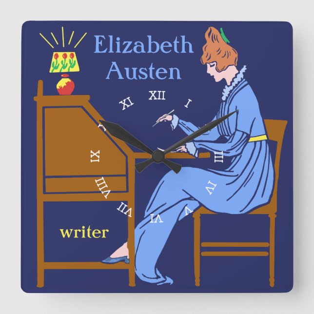 Art Deco Lady Author at Writing Desk in Blue Square Wall Clock (Front)