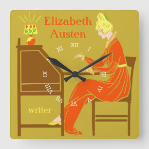 Art Deco Lady Author at Writing Desk in Orange Square Wall Clock