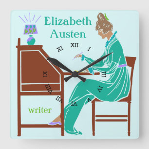 Art Deco Lady Author at Writing Desk in Teal Square Wall Clock