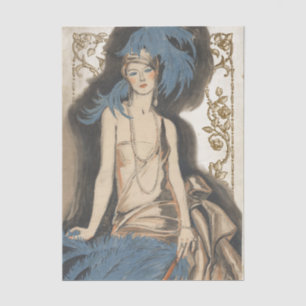 Art Deco Lady Blue Feather Vintage Decoupage Gold  Tissue Paper