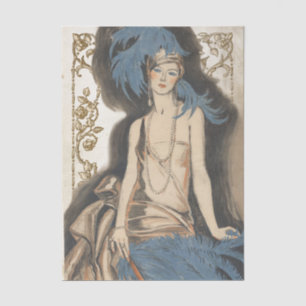 Art Deco Lady Blue Feather Vintage Decoupage Gold  Tissue Paper