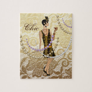 Art Deco Lady Gold Lace Jigsaw Puzzle