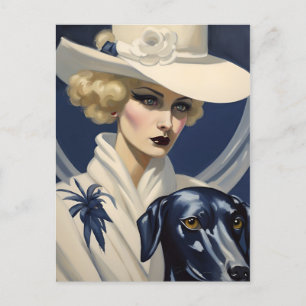 Art Deco Lady in White with Black Dog, Gatsby Era  Postcard