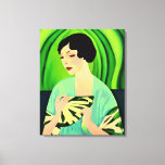 Art Deco Lady with a Fan in Jade Green Canvas Print<br><div class="desc">Canvas in a modern,  semi-abstract,  Art Deco portrait of a lady in a kimono,  holding a fan,  against a jade green abstract background</div>