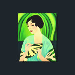 Art Deco Lady with a Fan in Jade Green Canvas Print<br><div class="desc">Canvas in a modern,  semi-abstract,  Art Deco portrait of a lady in a kimono,  holding a fan,  against a jade green abstract background</div>