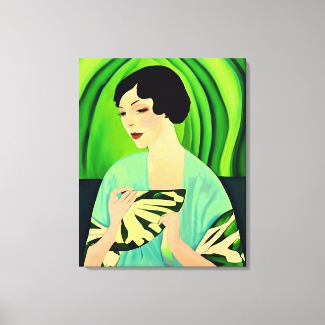 Art Deco Lady with a Fan in Jade Green Canvas Print (Front)