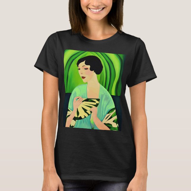 Art Deco Lady with a Fan in Jade Green T-Shirt (Front)