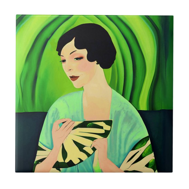 Art Deco Lady with a Fan in Jade Green Tile (Front)