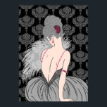 Art Deco Lady with Damask - BIANCA: Winter Greys Poster<br><div class="desc">Our beautiful Bianca is dressed in a full skirt and her top has straps consisting of strands of jewels. She holds a fan of feathers and is seated against a backdrop of rich damask. Bianca's hair is a mass of curls in a fabulous updo, held in place with a fan-shaped...</div>