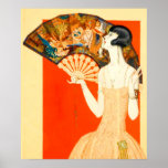 art deco lady with fan poster<br><div class="desc">The classic look of the 1920s! Bobbed hair, flat figure, dropped waist dress. Plus a hint of Near East motifs in the fan, in keeping with the wild interest in Egypt at the time, stemming from the decade’s earlier discovery of King Tut’s tomb. Our art deco lady looks marvellous on...</div>