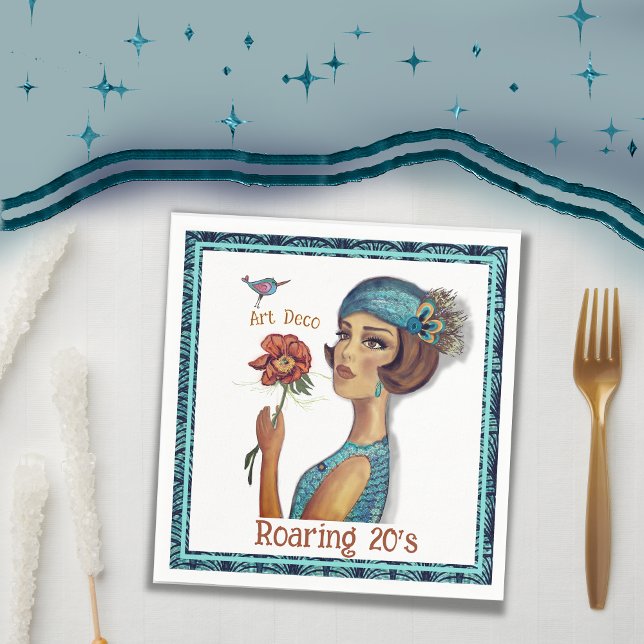 Art Deco Lady with flower white Napkin (Art Deco Lady with flower white Napkins)