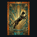 Art Deco Leaping Black Cat Wall Art<br><div class="desc">This dynamic art deco poster features a leaping black cat captured mid‑air above a teal marble pedestal, with bold gold fan rays exploding in the background. Intricate geometric patterns and a rich black‑gold‑teal palette create a powerful vintage 1920s vibe. Ideal for modern living rooms, studios or hallways, it’s a perfect...</div>