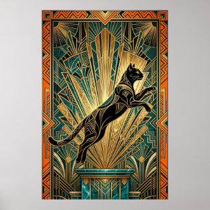 Art Deco Leaping Black Cat Wall Art