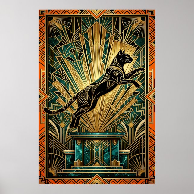 Art Deco Leaping Golden Lynx Wall Art (Front)