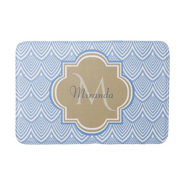 Art Deco Light Blue Fish Scales Tan Monogram Name Bath Mat (Front)