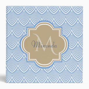 Art Deco Light Blue Fish Scales Tan Monogram Name Binder