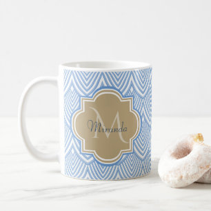 Art Deco Light Blue Fish Scales Tan Monogram Name Coffee Mug