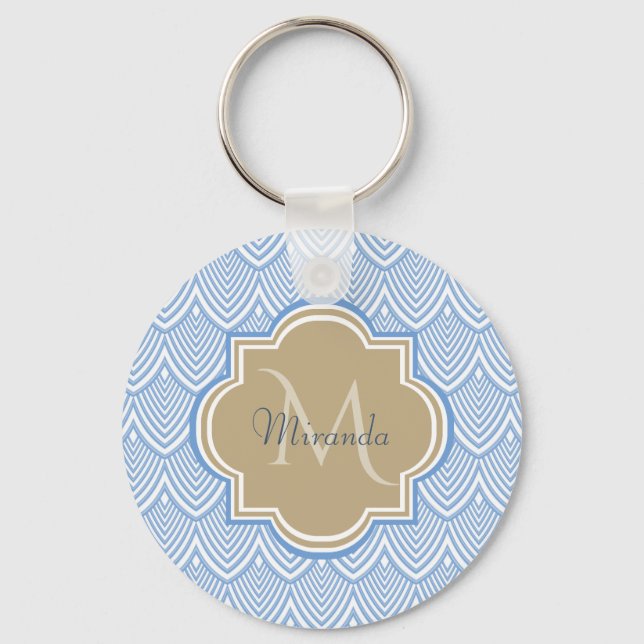 Art Deco Light Blue Fish Scales Tan Monogram Name Keychain (Front)