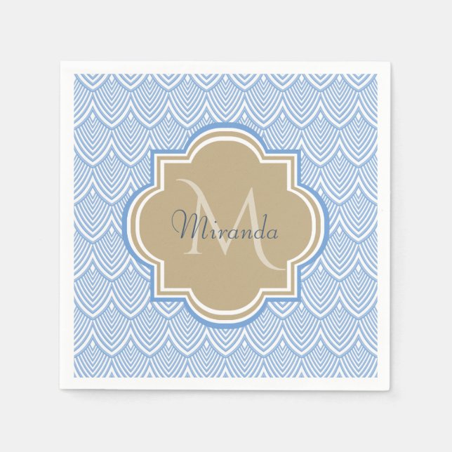 Art Deco Light Blue Fish Scales Tan Monogram Name Napkin (Front)
