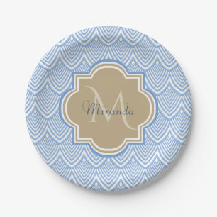 Art Deco Light Blue Fish Scales Tan Monogram Name Paper Plate