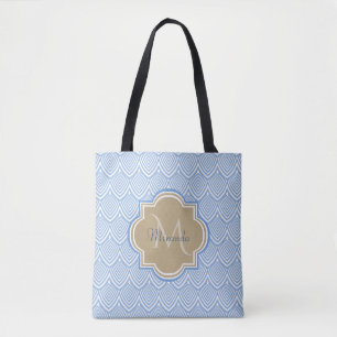 Art Deco Light Blue Fish Scales Tan Monogram Name Tote Bag
