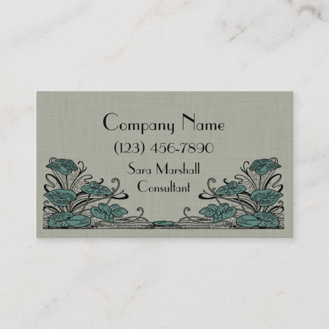 Art Deco Lillies Green Linen Business Card (Front)