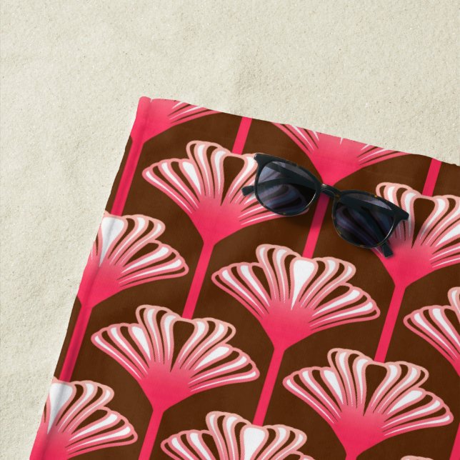 Art Deco Lily, Chocolate  Brown and Coral Pink Beach Towel (In Situ)