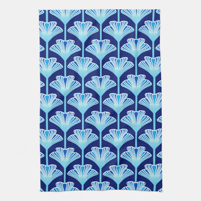 Art Deco Lily, Cobalt Blue, Aqua and White Kitchen Towel (Vertical)