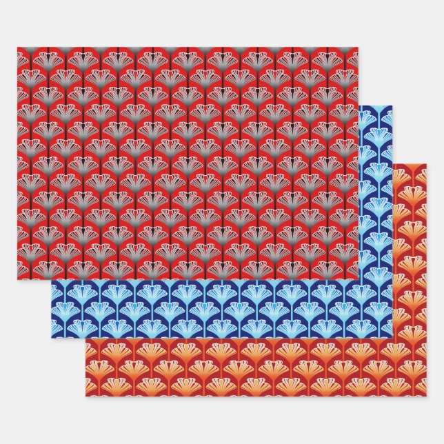 Art Deco Lily, Cobalt Blue, Deep Red & Orange   Wrapping Paper Sheet (Set)
