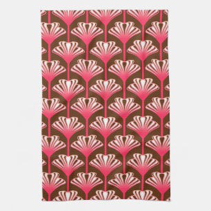 Art Deco Lily, Dark Brown and Coral Pink Kitchen Towel