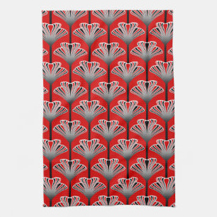 Art Deco Lily, Deep Red and Grey / Grey Kitchen Towel