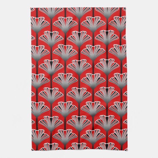 Art Deco Lily, Deep Red and Grey / Grey Kitchen Towel (Vertical)