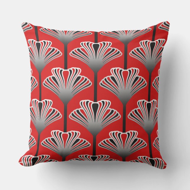 Art Deco Lily, Deep Red and Grey / Grey Throw Pillow (Front)