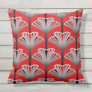 Art Deco Lily, Deep Red and Grey / Grey Throw Pillow