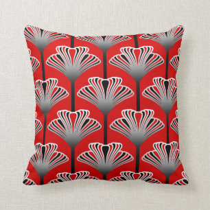 Art Deco Lily, Deep Red and Grey / Grey Throw Pillow