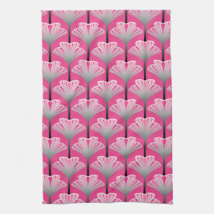 Art Deco Lily, Fuchsia Pink and Silver Grey Kitchen Towel
