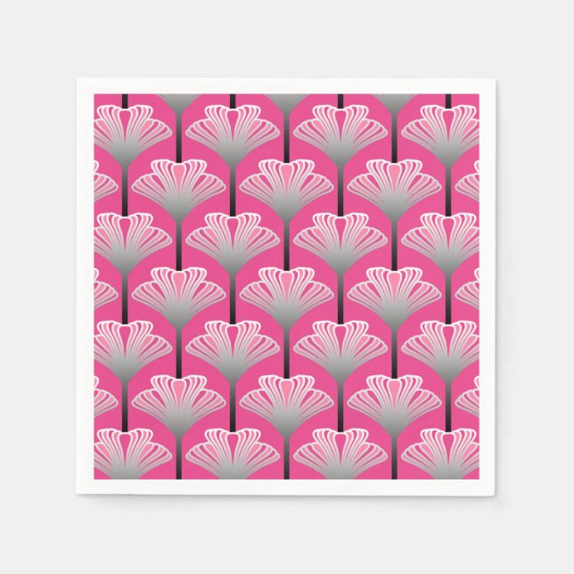 Art Deco Lily, Fuchsia Pink and Silver Grey Napkin (Front)