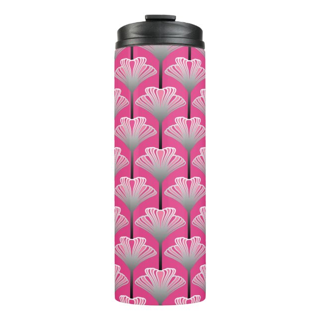 Art Deco Lily, Fuchsia Pink and Silver Grey   Thermal Tumbler (Front)