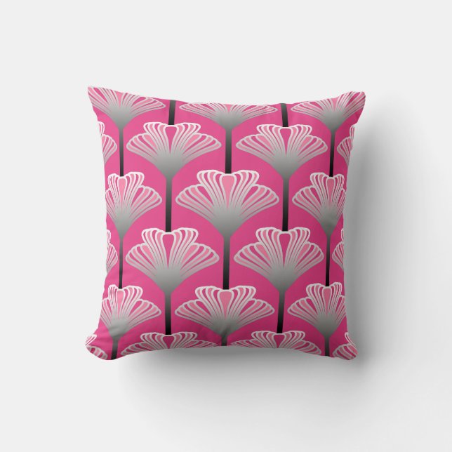 Art Deco Lily, Fuchsia Pink and Silver Grey Throw Pillow (Front)
