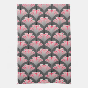 Art Deco Lily, Grey / Grey and Coral Pink Kitchen Towel