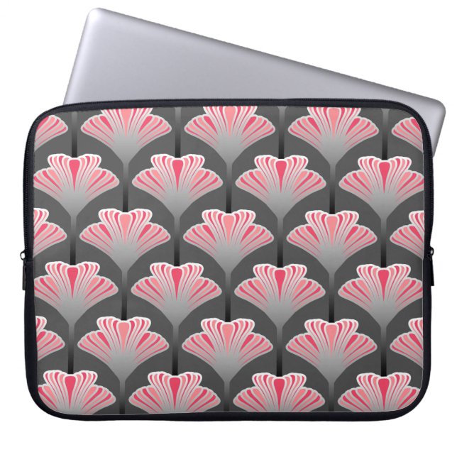 Art Deco Lily, Grey / Grey and Coral Pink Laptop Sleeve (Front)